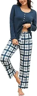 [Mchodare] Womens Pajamas Sets Long Sleeve Cotton Top and Plaid Pants with Pockets Soft Sleepwear 2 Piece Pjs Lounge Set