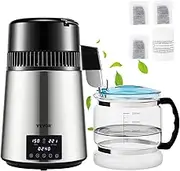 VEVOR 4L/1.1 Gal Brushed 304 Stainless Steel Water Distiller, Countertop Distilled Water Machine with Glass Container, Dual-Temperature Display and Smart Switch, Purifier Filter for Home Office