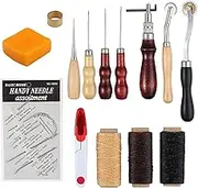 Leather Sewing Tools Leather Sewing Tools Set, DIY Leather Craft Tools Hand Stitching Tool Set with Groover Awl Waxed Thread Thimble Kit for Stitching Cutting Leather Craft Making (14-Piece Set)