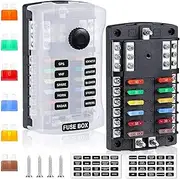NA 300A 12 Way Blade Fuse Block, ATC/ATO Fuse Holder Panel with LED Indicator & Protection Cover & 24 Fuses & 2 Stickers, for 12V/24V Car Truck Boat Marine