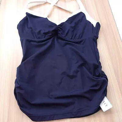 SEAFOLLY Swim Top 8 Blue Tankini Crossback Block Party 12DD Halter Singlet Navy