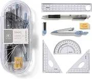 Waremew Compass Set for Geometry Math Geometry Kit 8 Pieces - Student Supplies Drawing Compass, Protractor, Rulers, Pencil Lead Refills, Pencil, Eraser for Students and Engineering Drawing