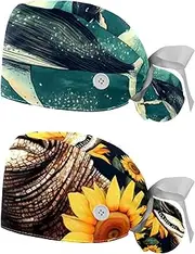 [YTYVAGT] 2-Pc,Nurse Scrub Caps,Scrub Hats with Buttons and Cotton Sweatband,Watercolor Whale Animal Art Illustration
