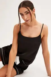 Black Pyjamas Set Scoop Neck Cami Top & Shorts Satin - Size L, Women's Satin Set