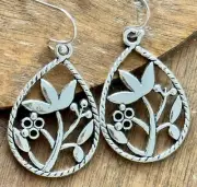Etched Silver Flower Teardrop Dangle Earrings.