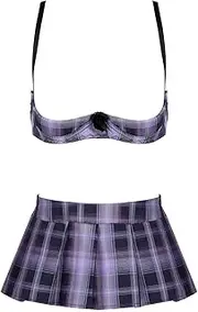 [GRRKDFQ] Women'S Erotic Bodystockings & Catsuits Cosplay Plaid Open Bras With Pleated Skirt