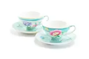 Grace Teaware Mint Flower Garden Fine Porcelain Cup and Saucer Set of 2