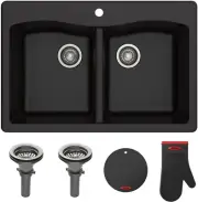 Forteza 33-Inch Drop In/Undermount 50/50 Double Bowl Granite Kitchen Sink in Bla