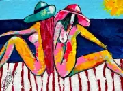COLORFUL SUNBATHERS Painting UPCYCLED CB SWARTZMILLER DNA SIGNED ART UNIQUE BIG