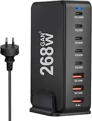 GEEKERA USB C Charger, 268W 8-Port Fast USB Charging Station with 5 USB-C + 3 USB-A, Portable Multiport USB C Wall Charger for iPhone 16-12 Series, iPad Pro, MacBook, Galaxy, Pixel, Switch, and More