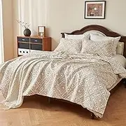 EVENHUG 100% Cotton Quilt Queen Size Reversible Damask Quilted Bedding Set Summer Lightweight Bedspread Coverlet with 2 Pillow Shams Washable Bed Cover for All Season 3 Pieces, 106"x96", Beige