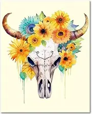 Rebotipy Paint by Number for Adult Bull Skull Paint by Numbers Sunflower Adult Paint by Numbers Kits on Canvas, 16X20 Inch Boho Style Paint by Numbers for Adults Beginner Kids