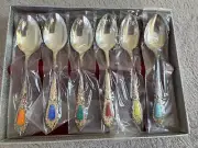 BRAND NEW Ando Cloisonne Co Presentation Set of 6 Silver 5" Cloisonné Spoons