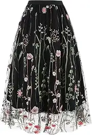 [IKADEX] Women Vintage Floral Embroidered Tulle Midi Skirt 50s Party Elastic High Waist A-line Swing Skirts