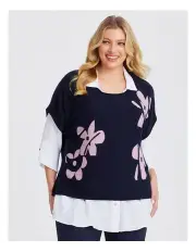 [Taking Shape] Flower Intarsia Cotton Knit Jumper in Dark Indigo/Pink