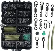 Labymos Carp Fishing Kits Swivel Snaps Matte Black Quick Ce Rolling Swivel Speed Links -Tangle Sleeve Hook Stops Beads Screws Rigs with Fishing Aessories Box 300 PCS