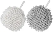 LIUVTILB Fuzzy Ball Towels,2 Pack Hanging Bathroom Hand Towels Super Fluffy Chenille Ball Towels, High Absorbent Hand Towels to Dry Your Hand Instantly (Gray + White)