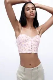ZARA NWT Linen Blend Floral Crop Top Mauve Size Medium