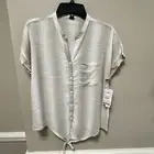 Dash Sz S Beige Plaid Short Sleeve Shirt NWT Tie Front V Neck