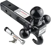 TOPTOW 64181L Trailer Receiver Hitch Triple Ball Mount with Hook, Black Balls, with Lock, Fits for 2 inch Receiver