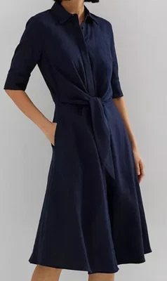 Gorgeous NWT Lauren Ralph Lauren Tie Front Linen Shirt Dress Sz 6 Navy $185