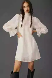Anthropologie English Factory Long-Sleeve Mock-Neck Sheer Mini Dress S NWT Ivory