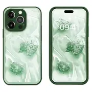 For iPhone 14 Pro Max Rose Pattern Phone Case Tempered Glass+TPU Shockproof Cover