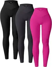 [YOAKUKA] 3 Piece Yoga Leggings Women's Ribbed Seamless High Waist Cross Over Workout Leggings Gym Athletic Pants