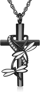 BIAIHQIE Cross Urn Necklace for Ashes Dragonfly Cremation Jewelry Stainless Steel Keepsake Ash Pendant Memorial Urn Jewelry for Women Men-Black