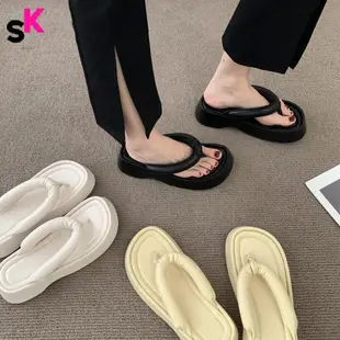 SK韓國設計麵包夾腳拖鞋女夏外穿涼2023季新款拖厚底夾腳沙灘海邊夾板涼拖黑