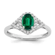 Solid 14k White Gold Oval Created Simulated Emerald and CZ Ring