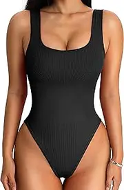 [A AGROSTE] Women's Seamless Ribbed Bodysuit Sleeveless Square Neck Padded Tank Top Bodysuit Dupes Sexy Bodysuit