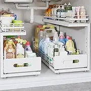 2 Pack 20.8 IN Depth Pull Out Cabinet Storage With Smooth Rails,2-Tier Dual Pull Out Cabinet Storage For Bathroom Kitchen,Under Sink Shelf-White