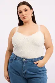 White Ditsy Singlet V Neck Lace Trim