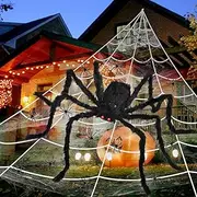 23ft Halloween Spider Web & 60" Giant Spider Decorations Fake Spider with Triangular Huge Spider Web 20Pcs Small Spiders for Indoor Outdoor Halloween Decorations Costumes Parties Haunted House Decor