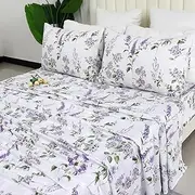 [Helthep] Floral Sheet Set Twin Size 100% Cotton Purple Floral Pattern Sheets Botanical Shabby Printed Sheets Luxury Percale Warm Sheets 17.5" Deep Pocket Sheets Colleye Bedding, 4Pcs