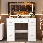 White Dressing Table Set Makeup Vanity Table with LED Light Mirror,7 Drawers