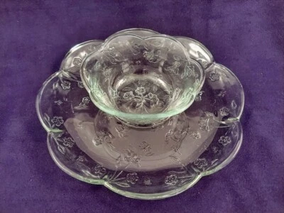 Anchor Hocking SAVANNAH Chip & Dip Tray Plate & Bowl Clear Glass Floral Flowers