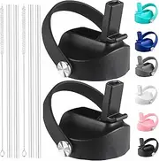 Straw Lid Compatible with 12 16 18 32 40 oz Wide Mouth Hydro Flask, Lids with Straw for Water Bottle Accessories, Replacement Straw Cap with Flex Handle for Hydroflask, Black - 2 Pack
