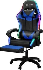 Artiss Massage Gaming Chair, PU Leather 6 Point 7 LED Ergonomic Office Computer Desk Recliner Chairs Armchair for Room Executive Home, with Retracted Footrest 360° Rotatable Height Adjustment Blue