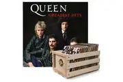 Crosley Record Storage Crate & Queen Greatest Hits - Double Vinyl Album Bundle