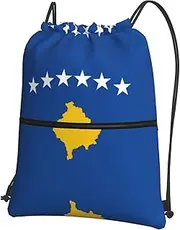 EdWal Flag Of Kosovo Print Drawstring Backpack Gym Bags Sports Bags With Zipper Pocket For Travel Beach, Black, One Size