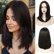 QUEENTAS Short Brown Bob Wig Shoulder Length Straight Bob Synthetic Hair Wigs for White Women with Middle Part Bangs Daily Use (14inch Dark Brown)