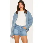 Light Vintage Blue High Waist Denim Hot Pants, Vintage Wash
