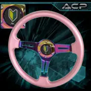 Universal Wakaba 350mm 6 Hole Pink Trim Neo Chrome 3 Streak Steering Wheel