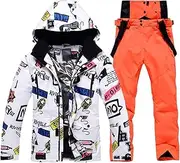 [ZSCAL] Men's Two Piece Ski Suit Set, Men's Winter Warm Graffiti Printing Hooded Jacket and Pants Set, Insulated Waterproof Waterproof Snowboard Snowsuits, for Snow Sport (Color : A, Size : 4X-Large)