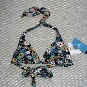 Oneill Black Multi Floral Halter Tatum Thalia Triangle Tie Back Bikini Top Sz M