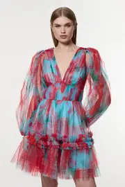 Floral Tulle Balloon Sleeve Plunge Woven Mini Dress