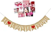 Alipis Romantic Linen Burlap i Love You Wedding Banner Heart Pattern Pull Flag for Valentine's Day Decorations