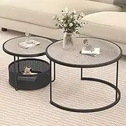 Nesting Coffee Table Set, Hollow Bottom Frame Storage, 2 in 1 Round Stacking Side Tables, for Living Room Bedroom Living Room, Office(Black,27in+22in)